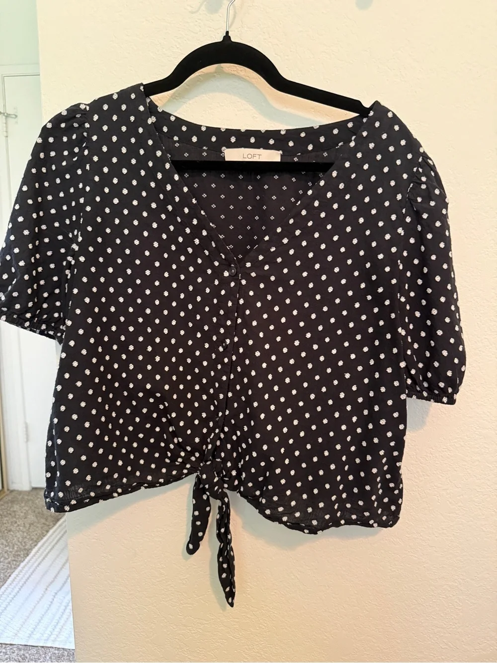 LOFT Navy Polka Dot Tie-Front Short Sleeve Blouse